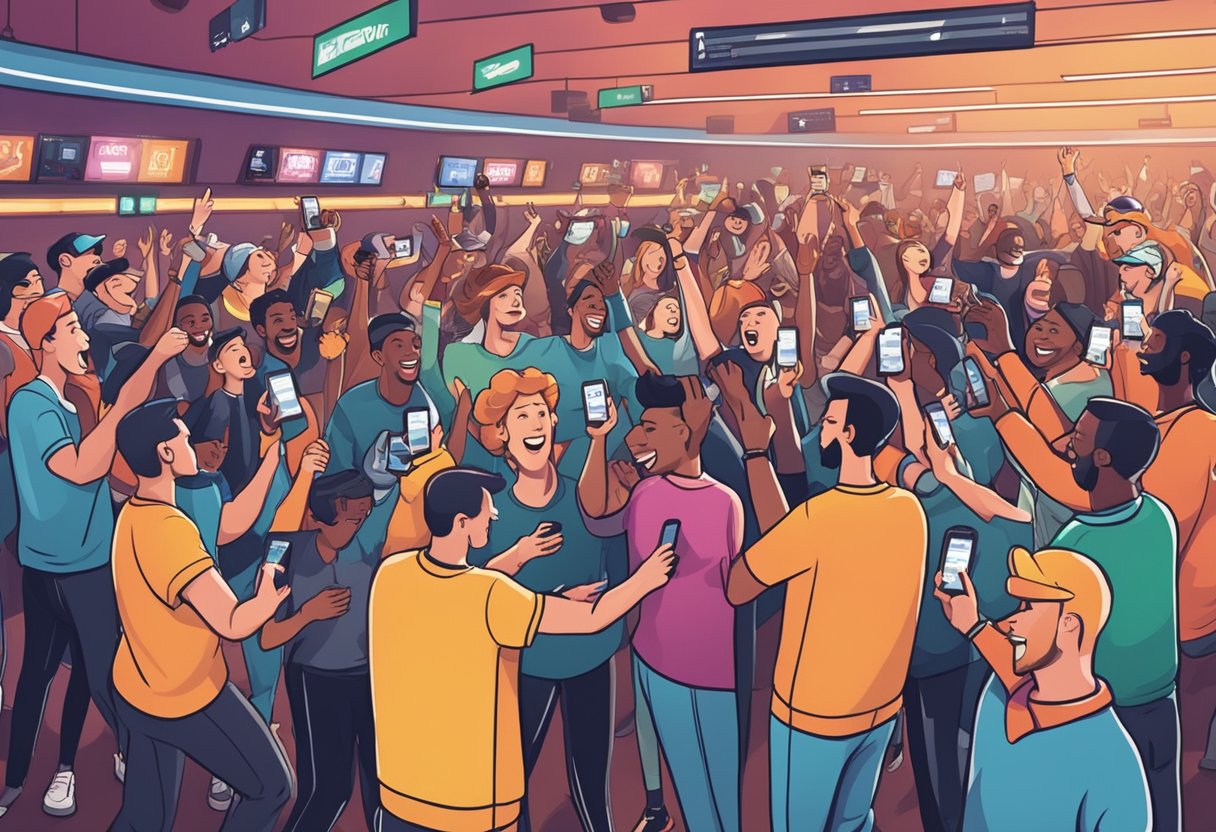 A crowded sportsbook with excited customers cheering as they check their phones for promotions and bonuses on PointsBet odds