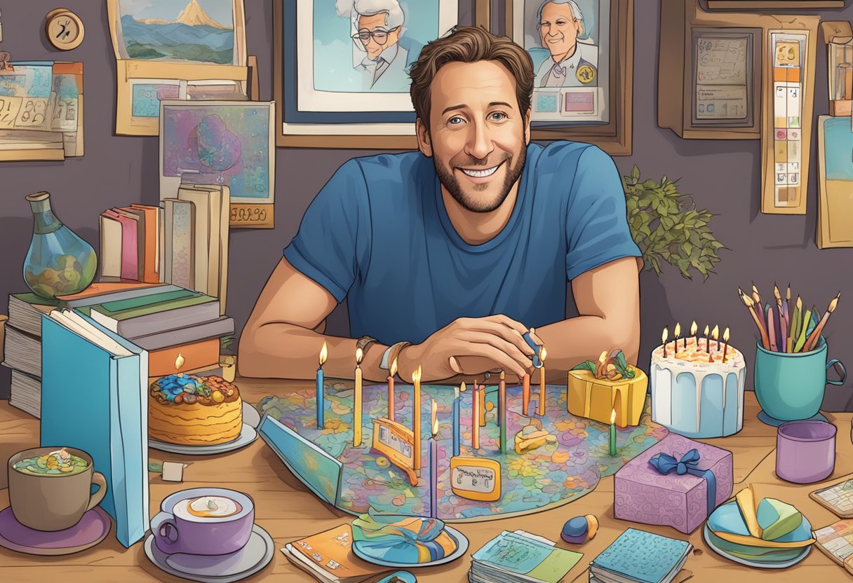 Dave Portnoy's birthdate is surrounded by calendars, clocks, and age-related items like a birthday cake or candles