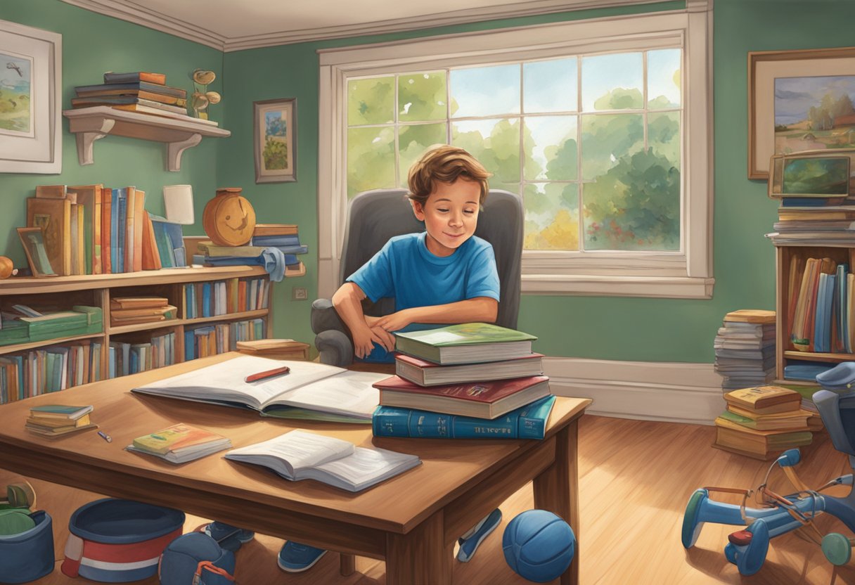 Dave Portnoy's childhood: a quaint suburban house, a young boy playing with sports equipment, and a stack of books on a desk