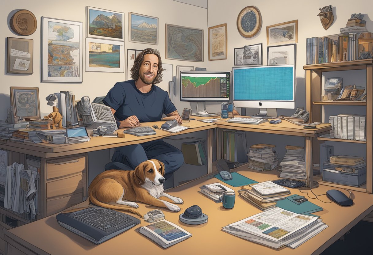 Dave Portnoy's personal life: a cluttered desk with sports memorabilia, a computer with stock charts, and a framed photo of a dog