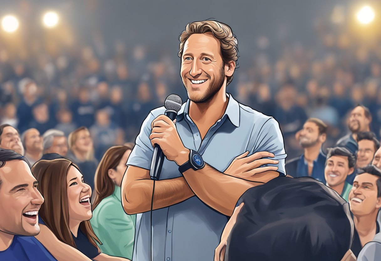 Dave Portnoy's public persona is depicted through social media, sports, and business. He exudes confidence and charisma, often seen with a microphone or in front of a crowd