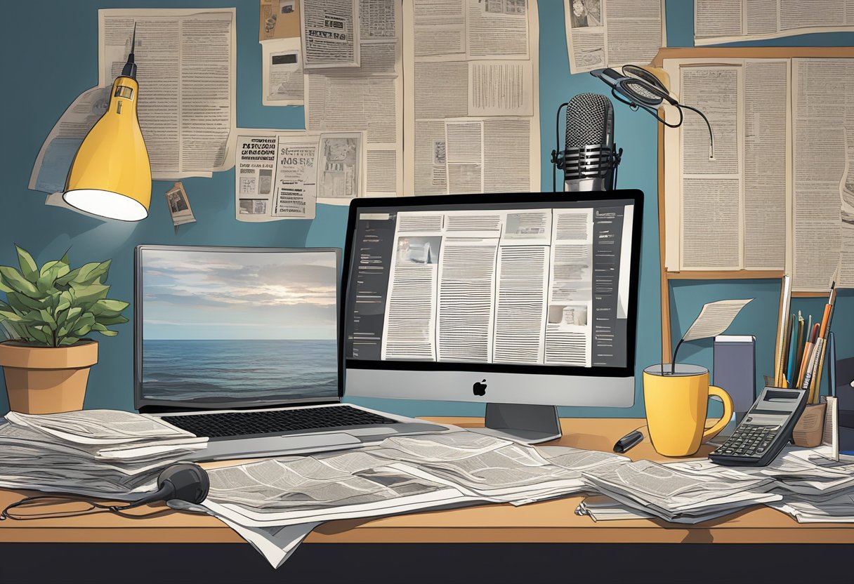 A cluttered desk with a laptop, microphone, and sports memorabilia. A wall covered in framed newspaper articles and a shelf full of business books