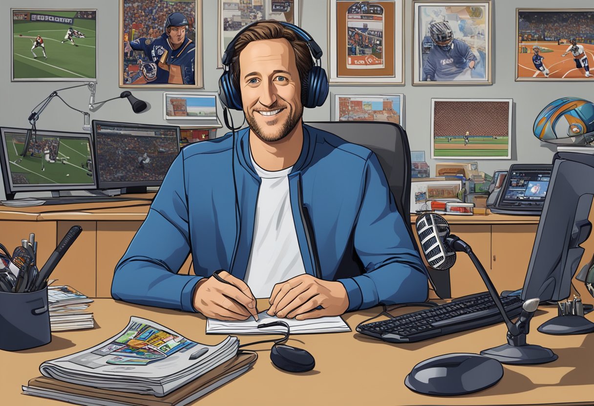 Dave Portnoy, 44, sits at a desk surrounded by sports memorabilia and a computer, with a microphone in front of him