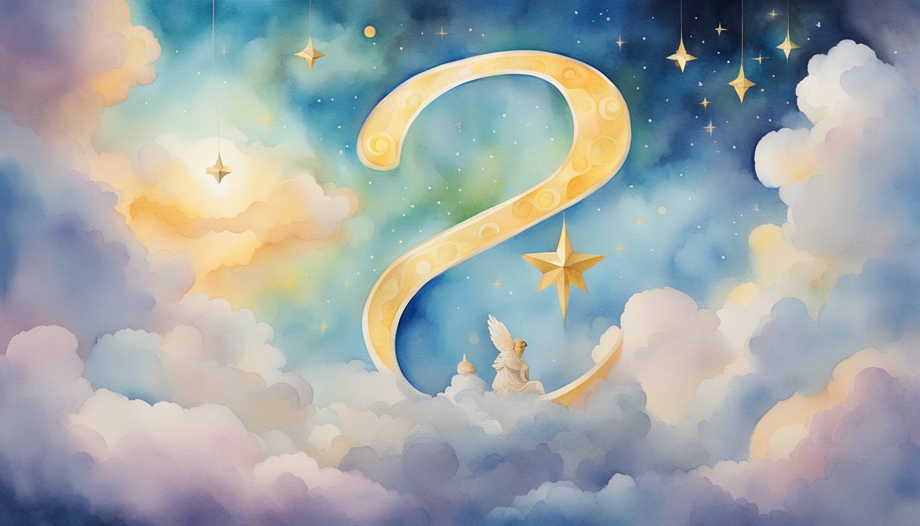 A glowing number 62 hovers above clouds, surrounded by angelic figures and celestial symbols