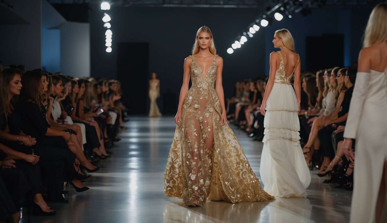 A runway with two distinct fashion shows: one showcasing couture and the other haute couture. Models flaunt intricate designs, while designers and fashion enthusiasts observe from the sidelines