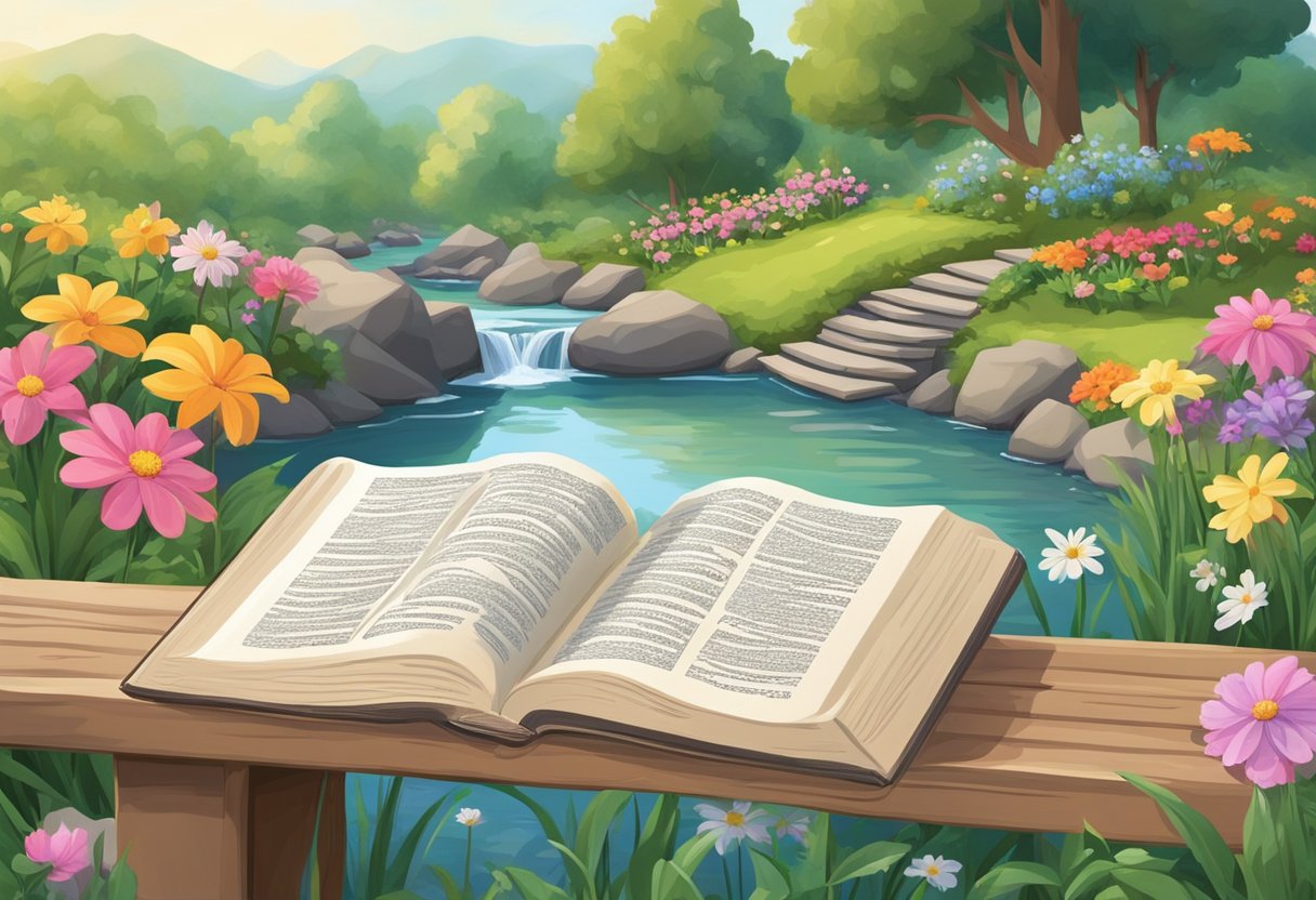 A serene garden with a flowing stream, surrounded by lush greenery and colorful flowers. A Bible open to specific verses on a wooden bench