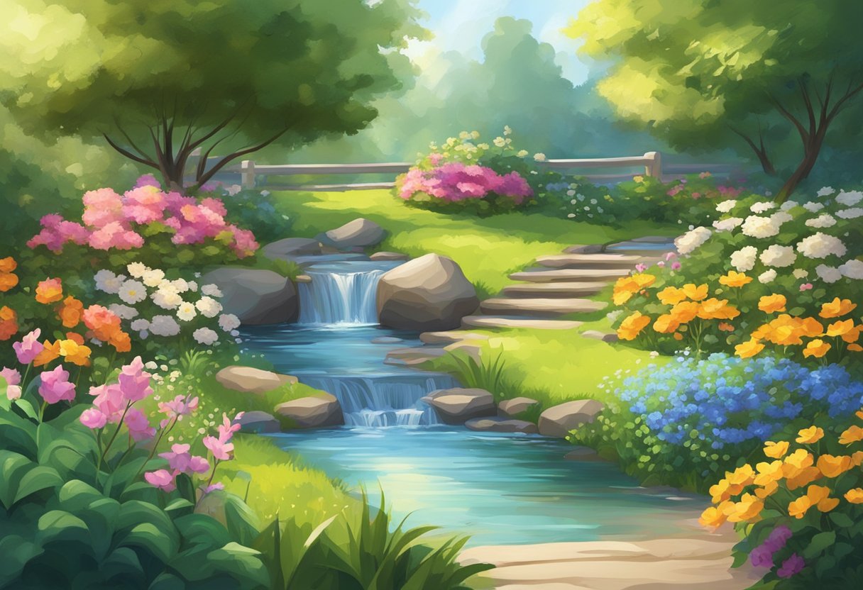 A serene garden with a flowing stream, surrounded by lush greenery and colorful flowers, with a gentle breeze and warm sunlight shining down