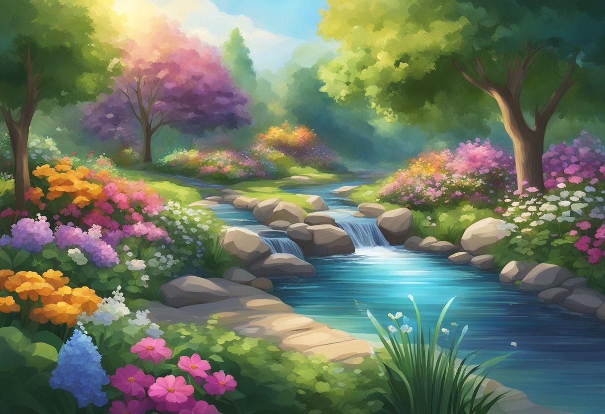 A serene garden with a flowing stream, surrounded by colorful flowers and lush greenery, with a beam of light shining down from the sky