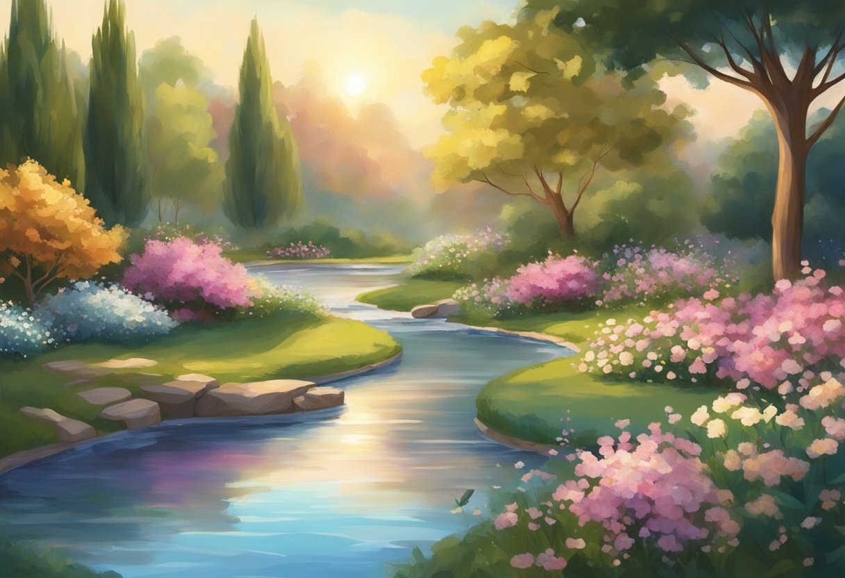 A serene garden with a flowing stream, surrounded by blooming flowers and trees. A soft, warm light bathes the scene, evoking a sense of peace and tranquility