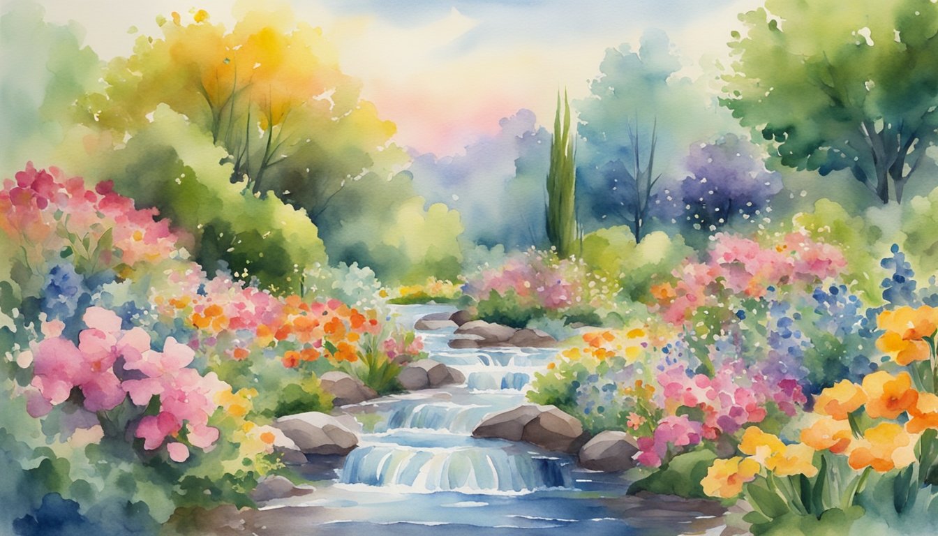 A garden blooming with vibrant flowers, surrounded by lush greenery and a flowing stream, under a bright and hopeful sky