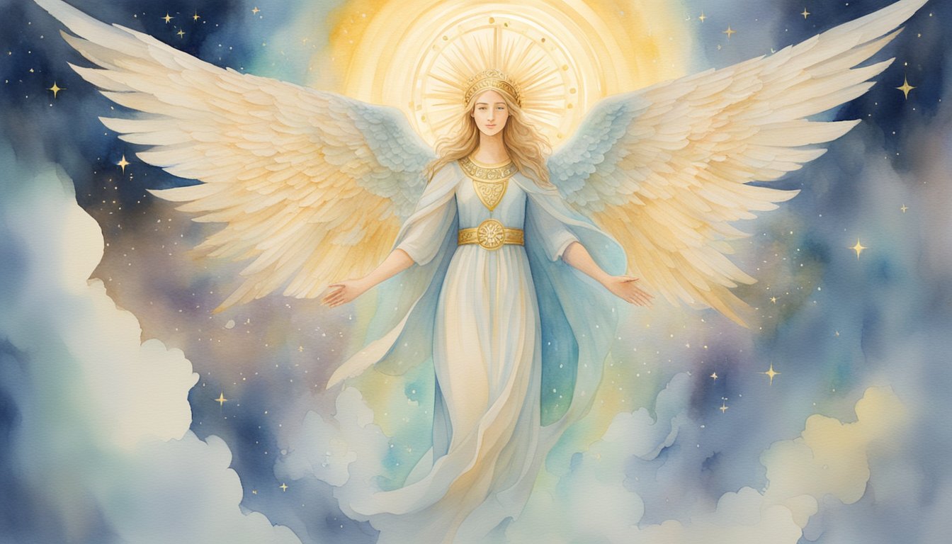 A glowing angelic figure hovers above the number 739, surrounded by celestial light and symbols of guidance