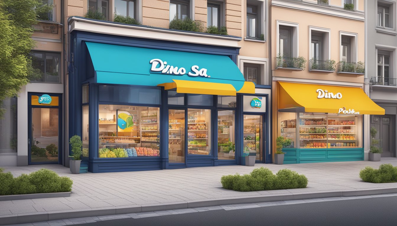 A vibrant storefront of Dino Polska dino SA, with the company logo and products displayed