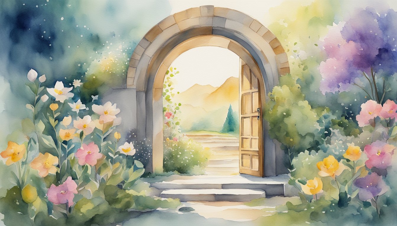 A serene landscape with a glowing figure surrounded by symbols of growth and opportunity, such as blooming flowers and open doors