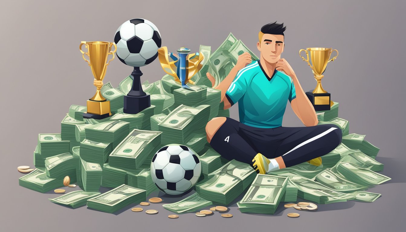A soccer player's salary, symbolized by a large stack of money, surrounded by sports equipment and trophies