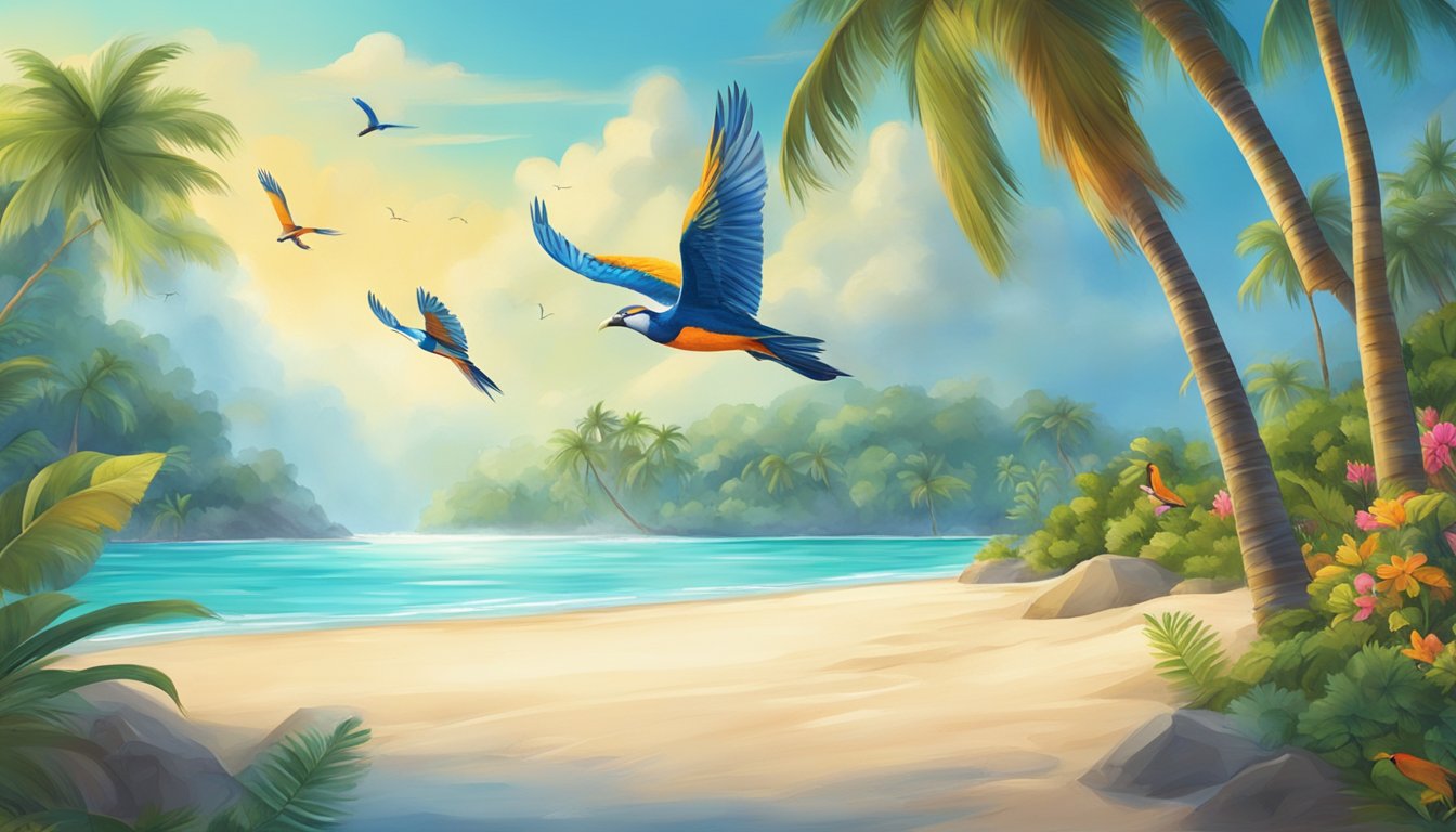 A vibrant tropical beach with palm trees, crystal-clear water, and colorful exotic birds flying overhead