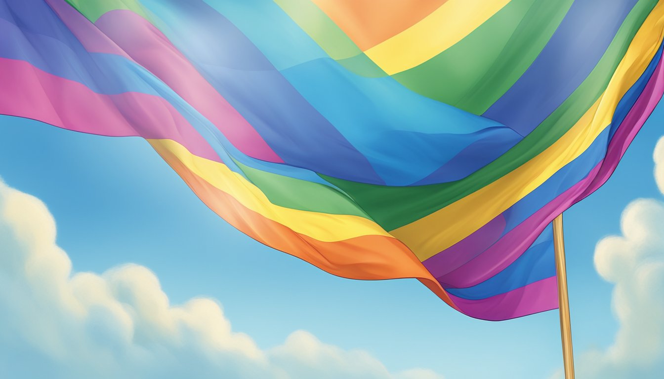 A rainbow flag unfurls in a clear blue sky, symbolizing the history and origins of the LGBT flag