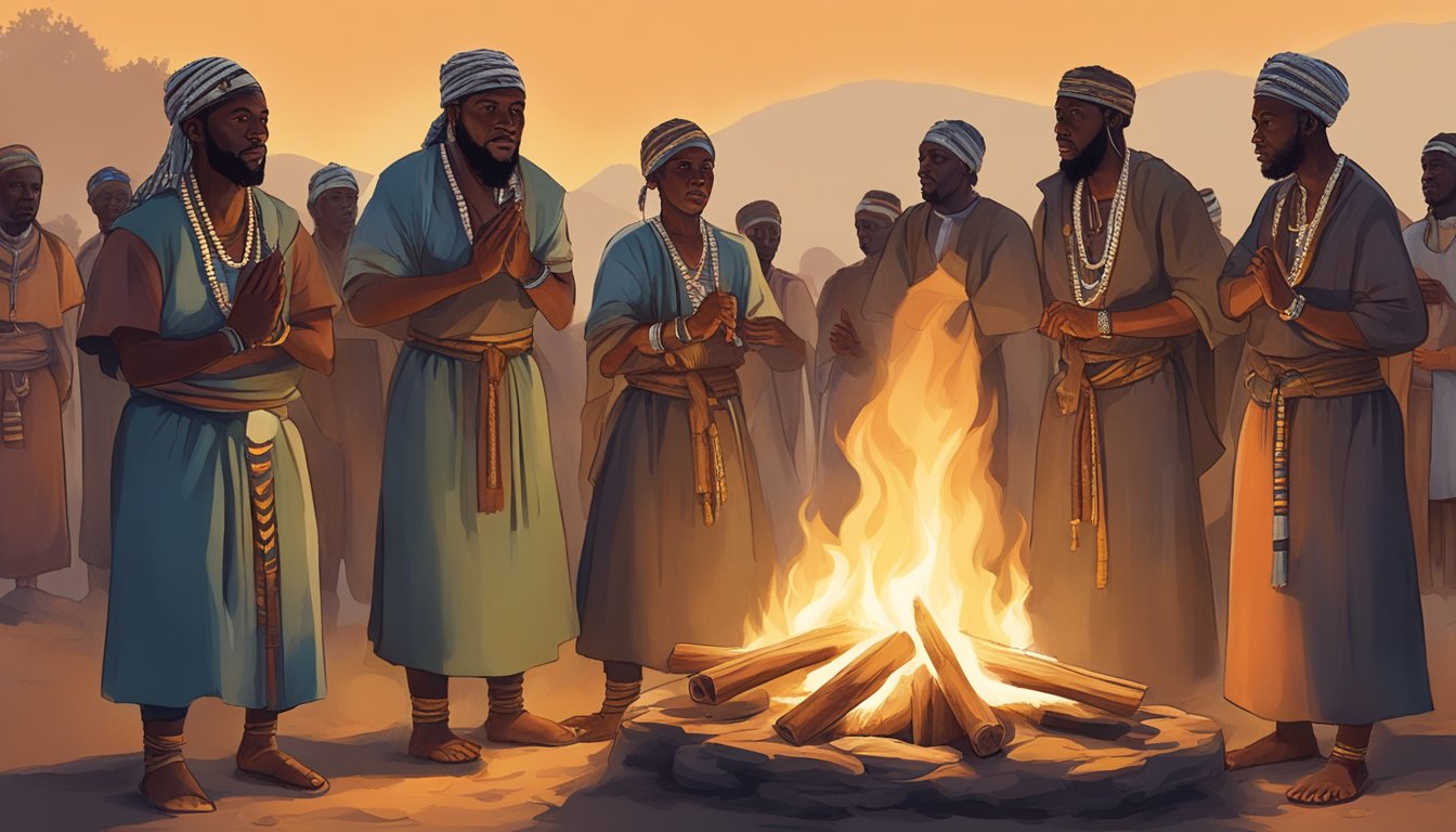 A group of Talibów talibowie gather around a sacred fire, their faces illuminated by the flickering flames as they perform a traditional dance