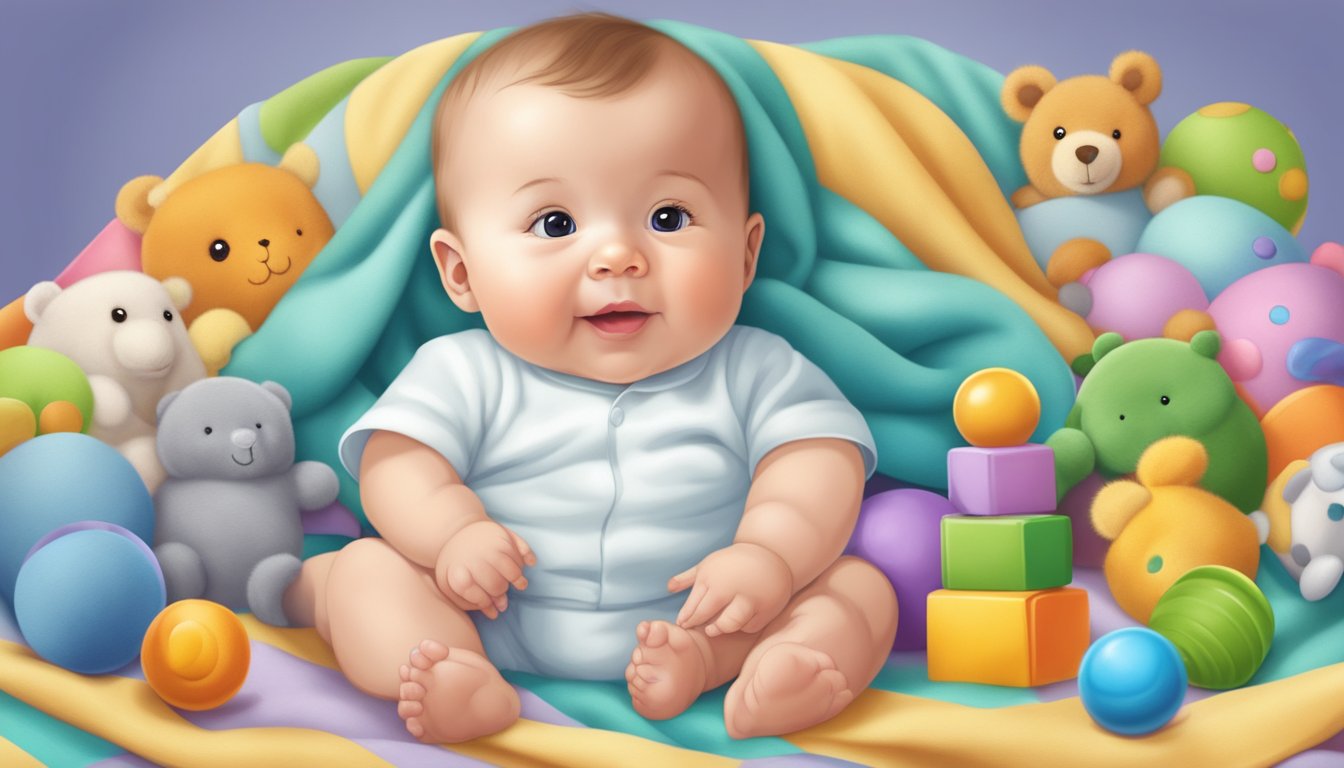 A 3-month-old baby lying on a soft blanket, surrounded by colorful toys. The baby is reaching and grabbing at the toys, showing curiosity and physical development