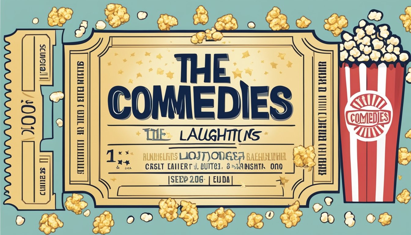 A movie ticket with the title "The Best Comedies" surrounded by popcorn, soda, and laughter