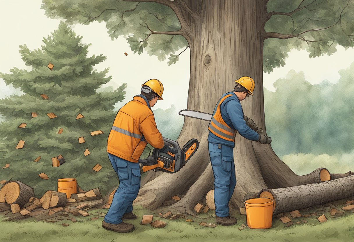 A tree being cut down with a chainsaw, while another person collects and stacks the cut branches for later disposal