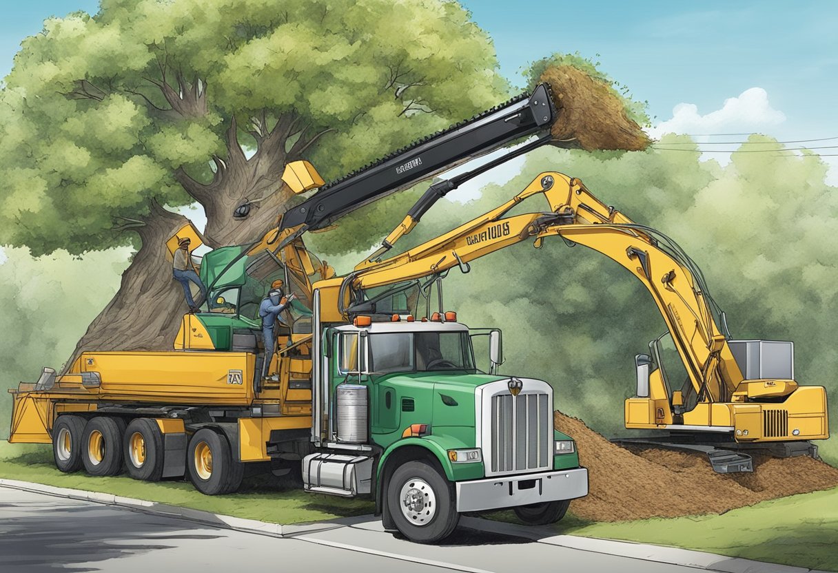A tree being removed by a professional crew with equipment, showcasing the process of cutting, hauling, and disposing of the tree to demonstrate the costs and potential savings