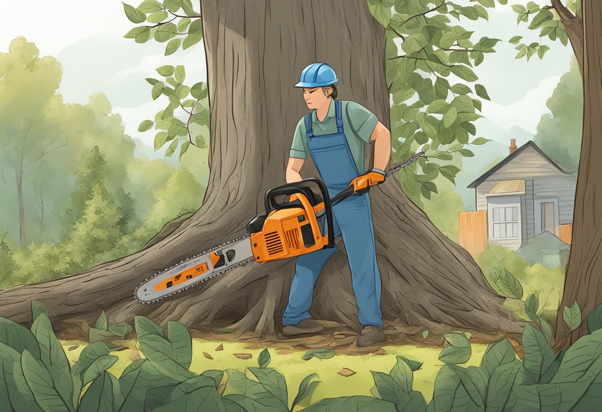 A tree being cut down with a chainsaw, while a person measures the height and width of the tree. A pile of branches and leaves nearby