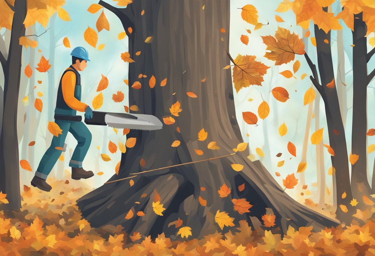 A tree being cut down in a forest during autumn, with leaves falling and a person using tools to remove the branches and trunk