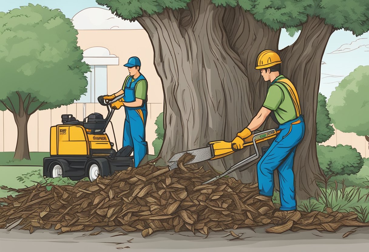 A tree being trimmed and pruned by a landscaper, with a pile of branches and debris nearby. A sign reads "Save on Tree Removal."