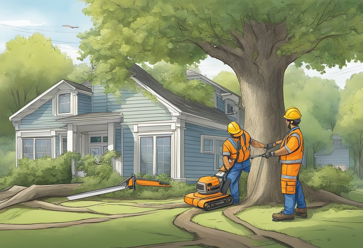 A tree being cut down by a professional with safety gear, while an insurance agent discusses cost-saving options with the homeowner
