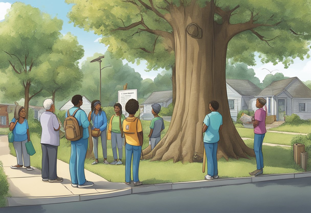 A group of people gather around a community notice board, reading about government resources for saving money on tree removal. Nearby, a tree with a "Save Money" sign tied to its trunk stands tall