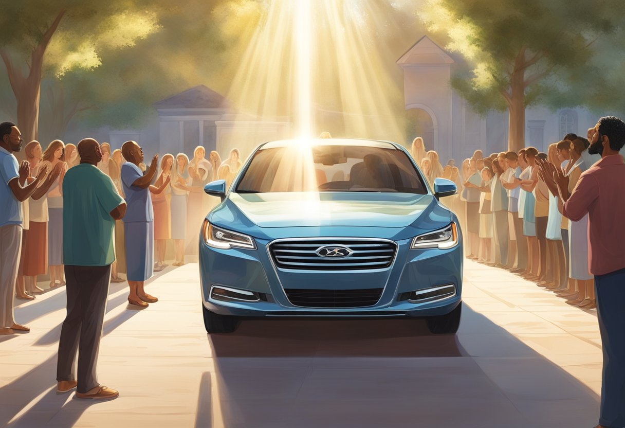 A new car sits in a sunlit driveway, surrounded by a circle of people with heads bowed in prayer. Rays of light shine down on the vehicle, creating a sense of divine blessing