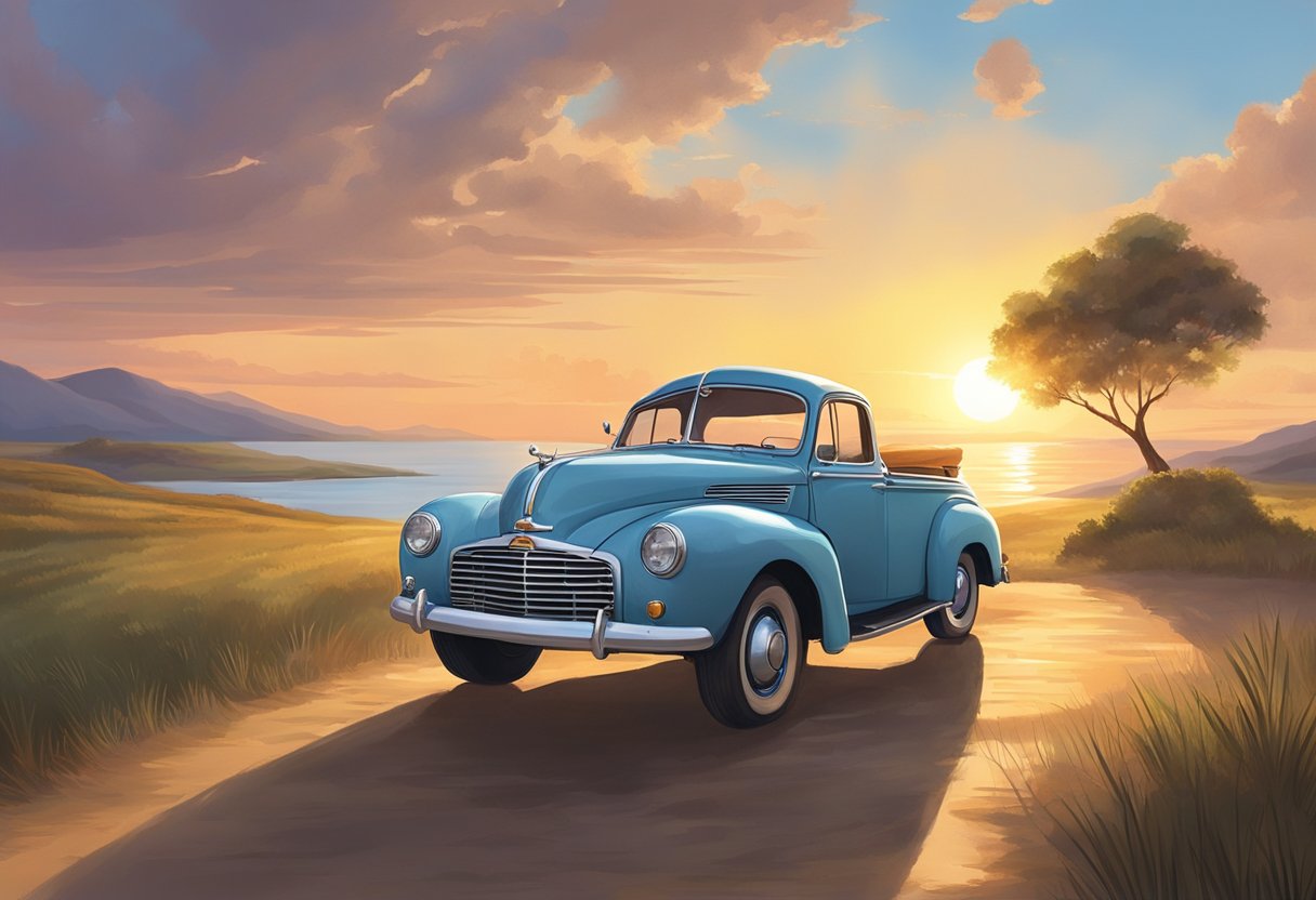 A vehicle parked in a serene setting, surrounded by a peaceful landscape with a beautiful sunset in the background. Rays of light shining down on the vehicle, creating a sense of divine blessing