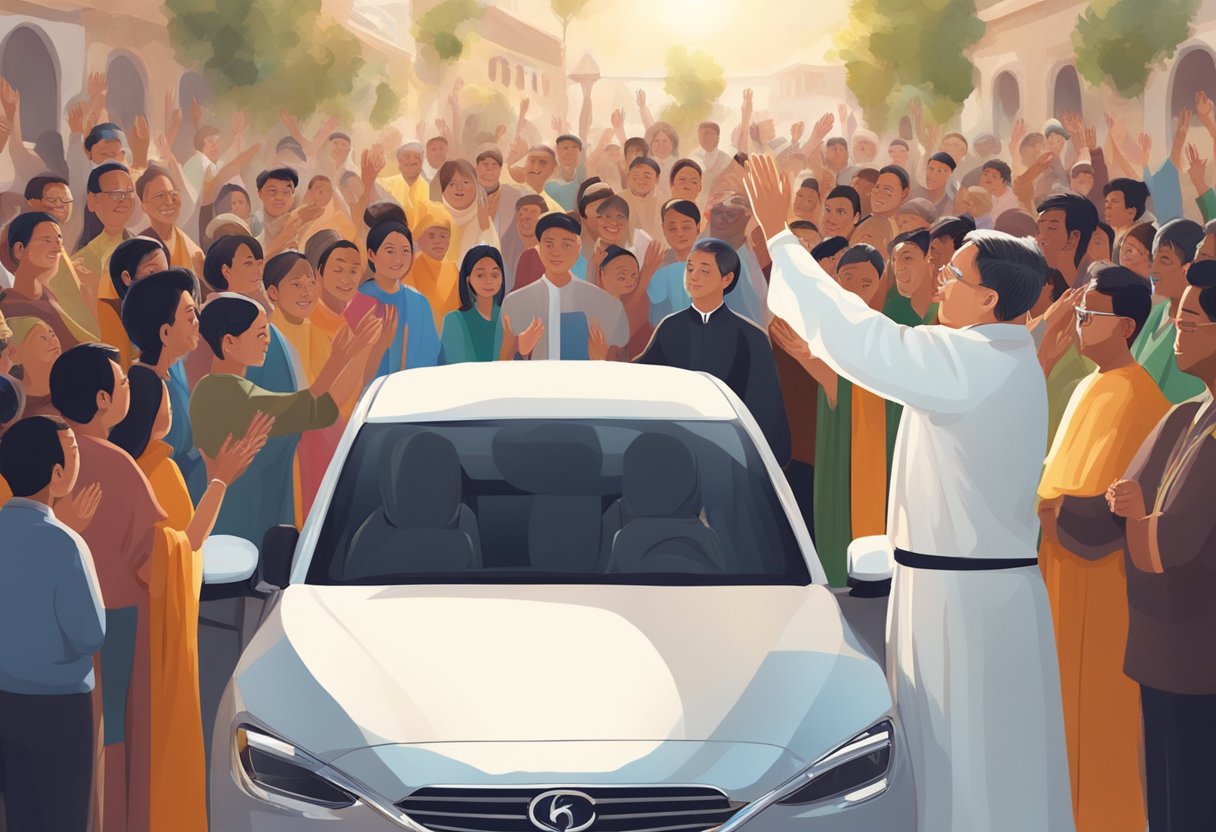 A priest raises a hand over a new car, surrounded by a group of people, as they participate in a blessing ceremony