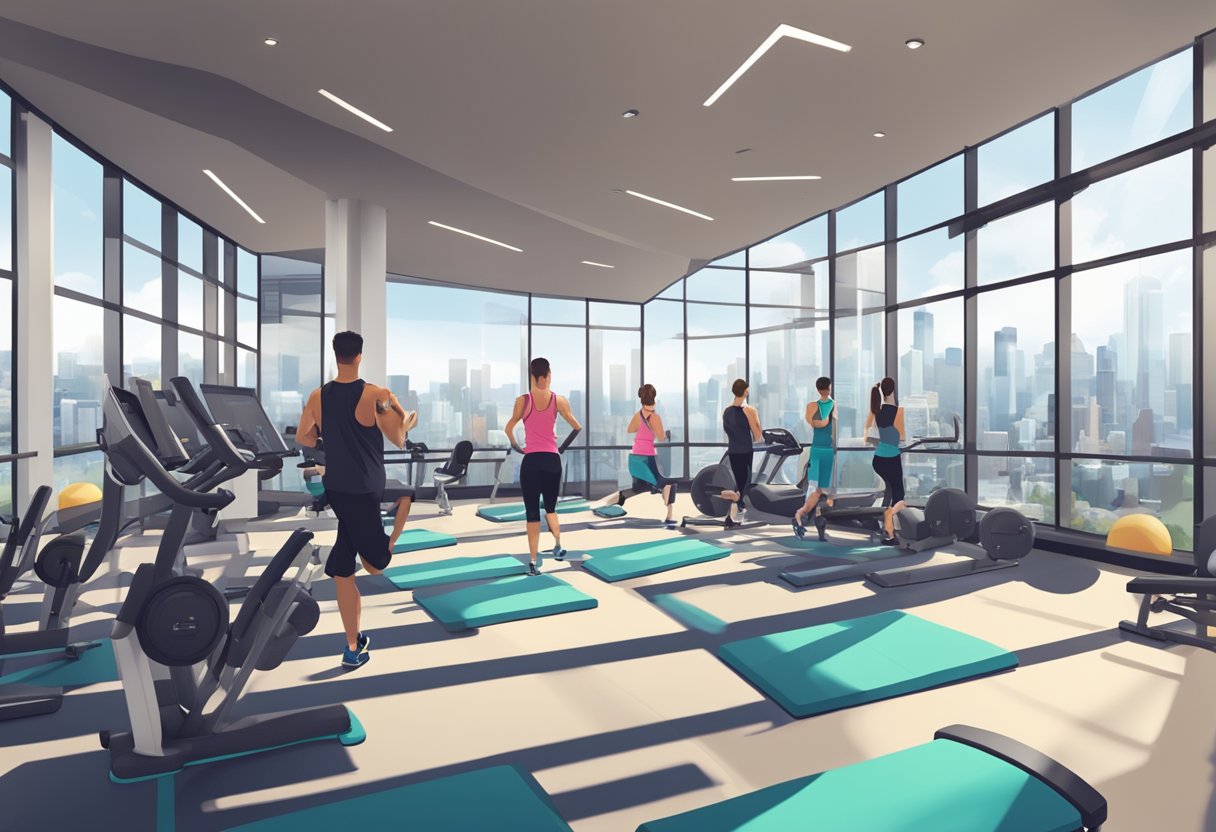 People working out in modern gym with state-of-the-art equipment and panoramic views of Seattle skyline. Group fitness classes and personal training sessions in progress