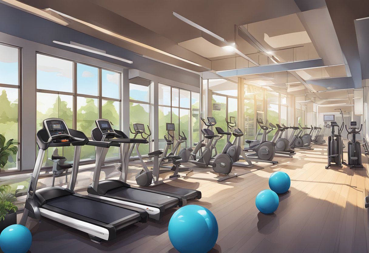 A bustling fitness center in Seattle with modern equipment, spacious workout areas, and natural lighting. Customers engaged in various activities, while staff members provide assistance and guidance