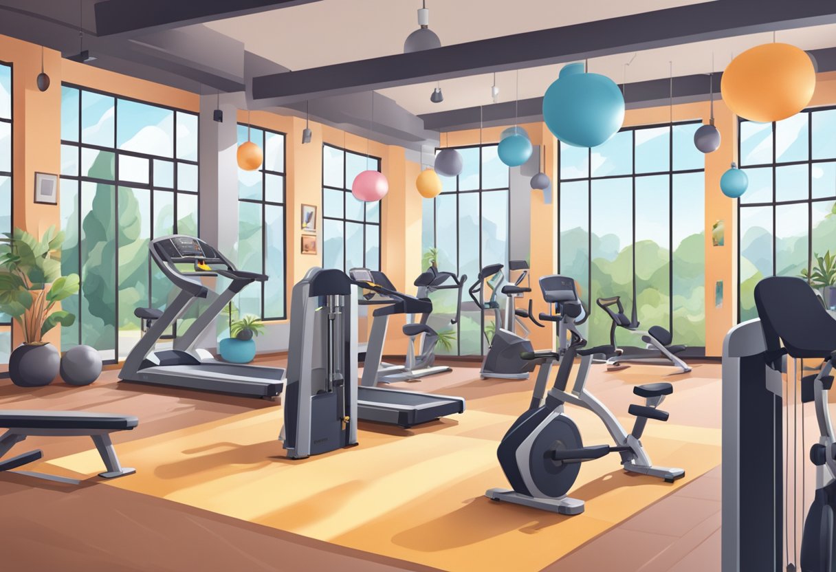A bustling gym with modern equipment and vibrant decor, filled with people engaged in various workouts and classes