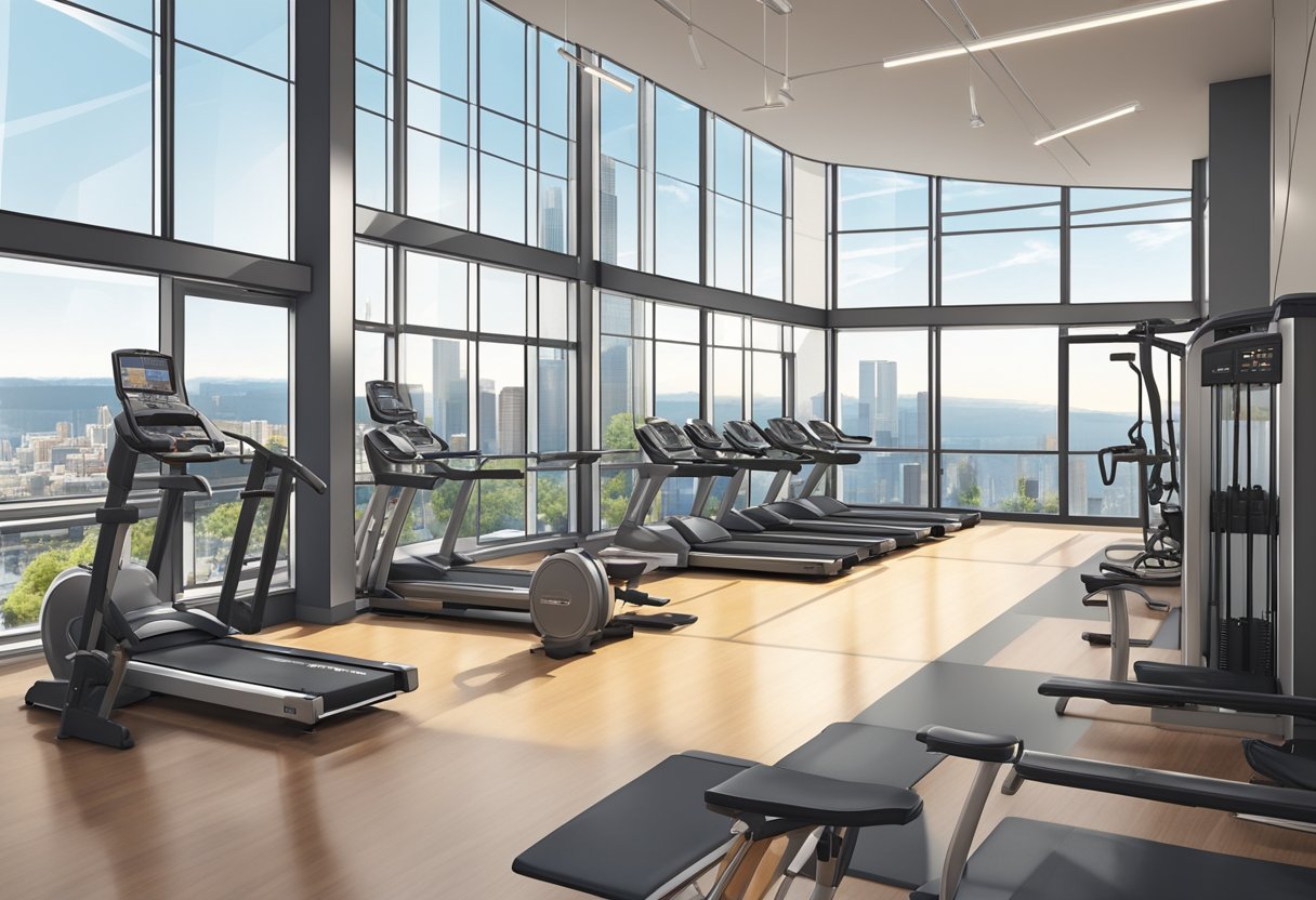 A modern, spacious fitness center with large windows overlooking the city. Easy access from downtown Seattle with ample parking and public transportation nearby