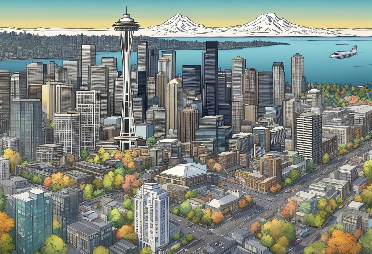 Aerial view of Seattle skyline with prominent fitness centers highlighted, surrounded by bustling city activity