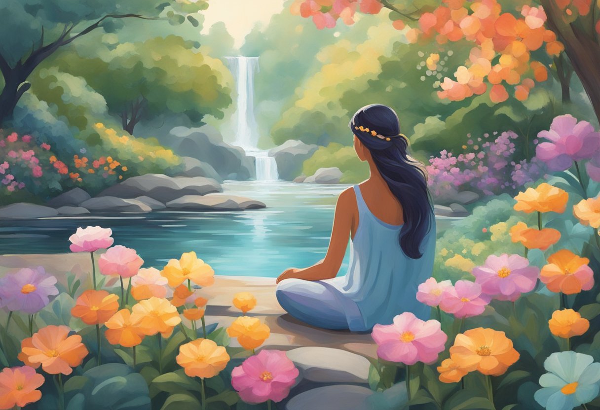 A serene figure sits in a peaceful garden, surrounded by colorful flowers and flowing water. The figure is deep in thought, with a calm and focused expression, as they tap into their inner genius through mindfulness and creativity