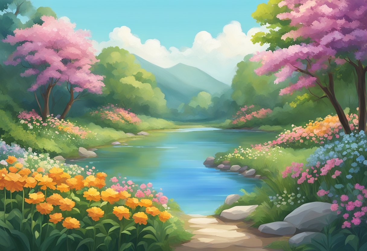 A serene landscape with a calm, flowing river surrounded by lush greenery and vibrant flowers, with a clear blue sky above