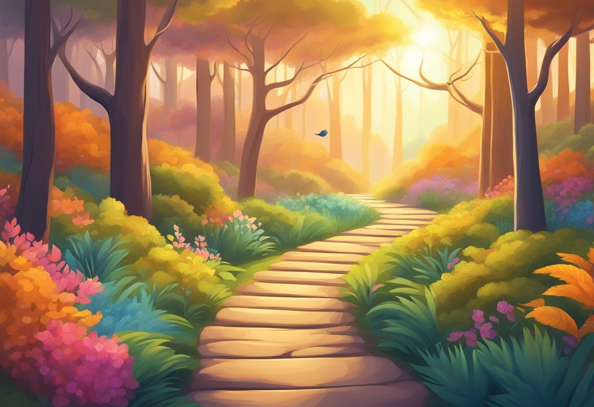 A tranquil forest with vibrant colors and a winding path leading to a hidden oasis. The sun casts a warm glow, and birds sing in the distance