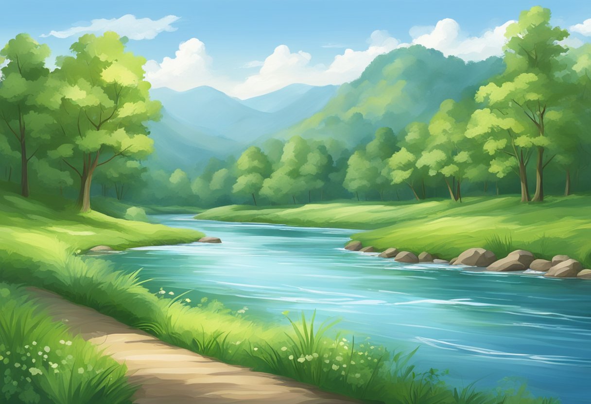 A serene landscape with a flowing river, lush greenery, and a clear blue sky, evoking a sense of calm and creativity