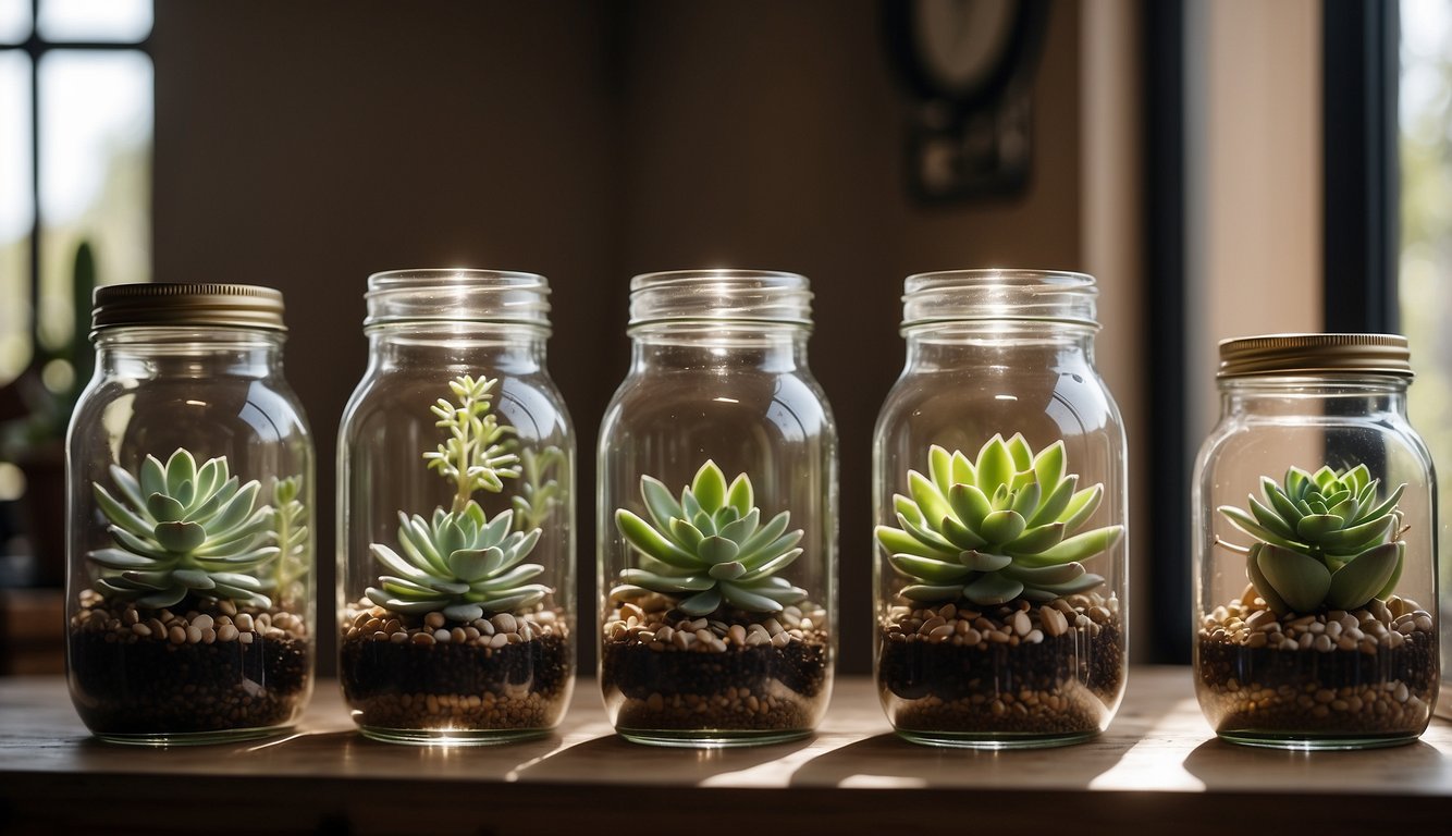 Succulents placed in glass jars with water, roots growing. Tray with various jars, sunlight streaming in