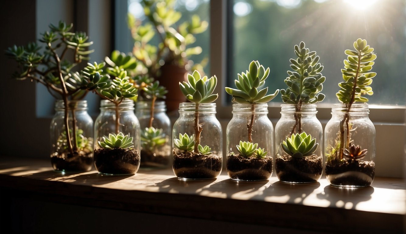 Succulent cuttings in clear glass jars, submerged in water, with roots starting to form. Bright sunlight streaming through a nearby window