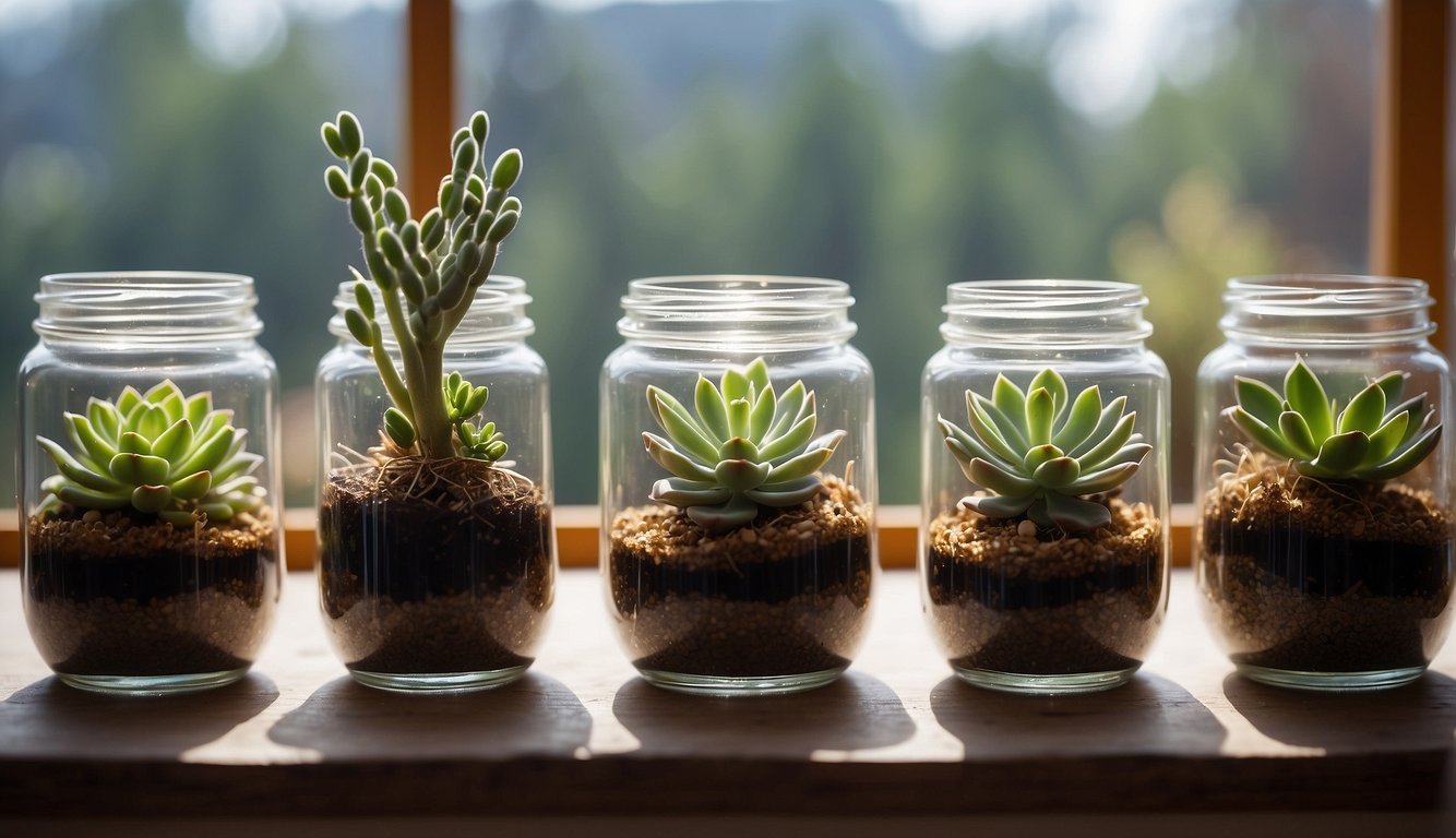 Succulents propagate in water-filled glass jars on a sunny windowsill. Roots form from the cuttings, while new growth emerges from the stems