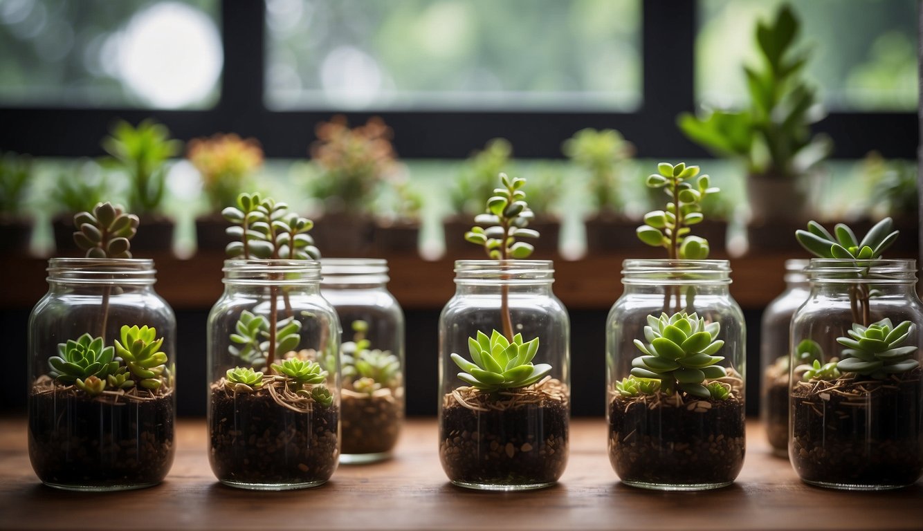 Succulent cuttings submerged in clear glass jars with water, labeled with species names and specific propagation tips