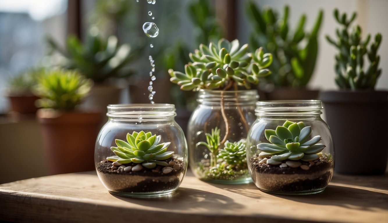 Succulents sit in clear glass jars of water, roots visible, with small bubbles rising. A spray bottle and watering can are nearby