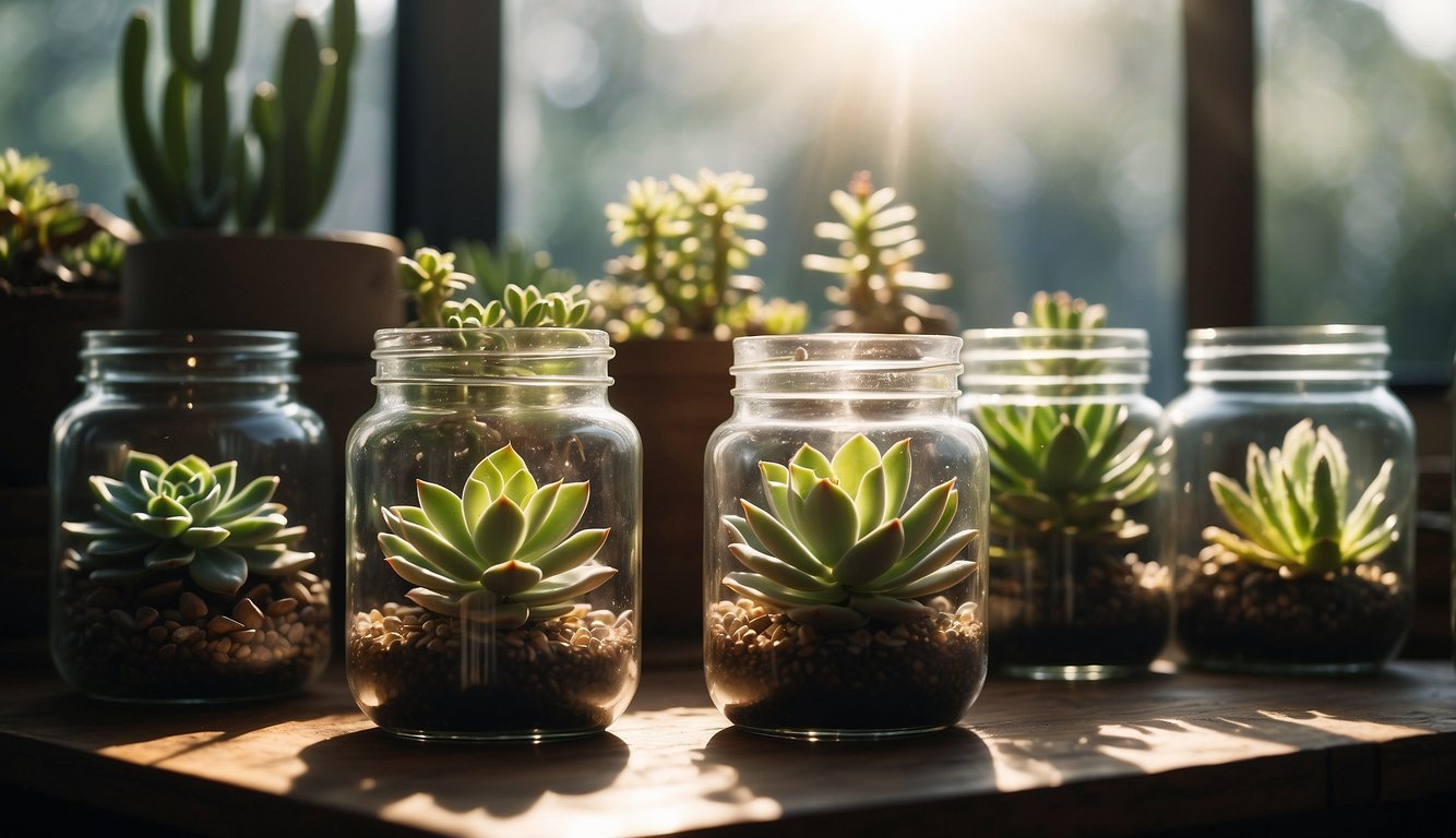 Succulents in glass jars with water, roots forming, sunlight streaming in