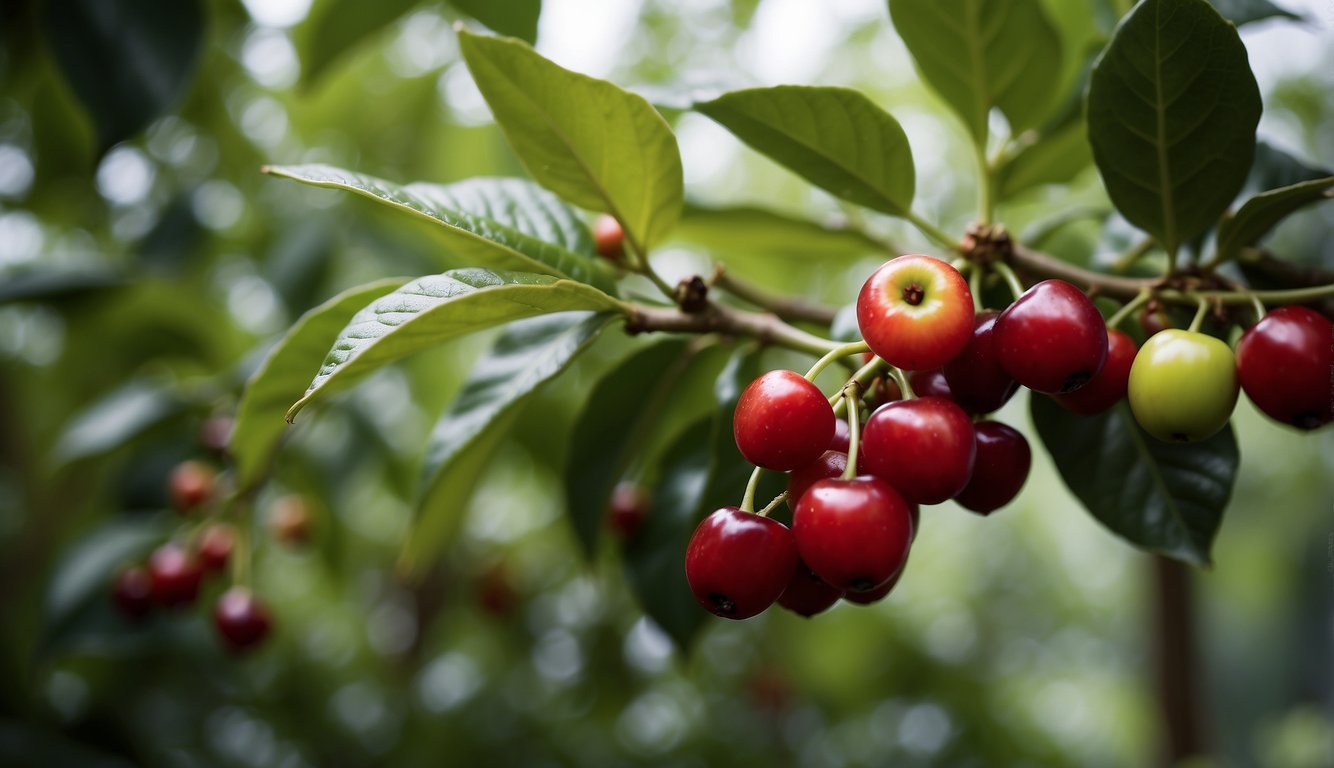 Coffee plants grow in a greenhouse. The plants have lush green leaves and small white flowers. The ripe coffee cherries are red and ready for harvest