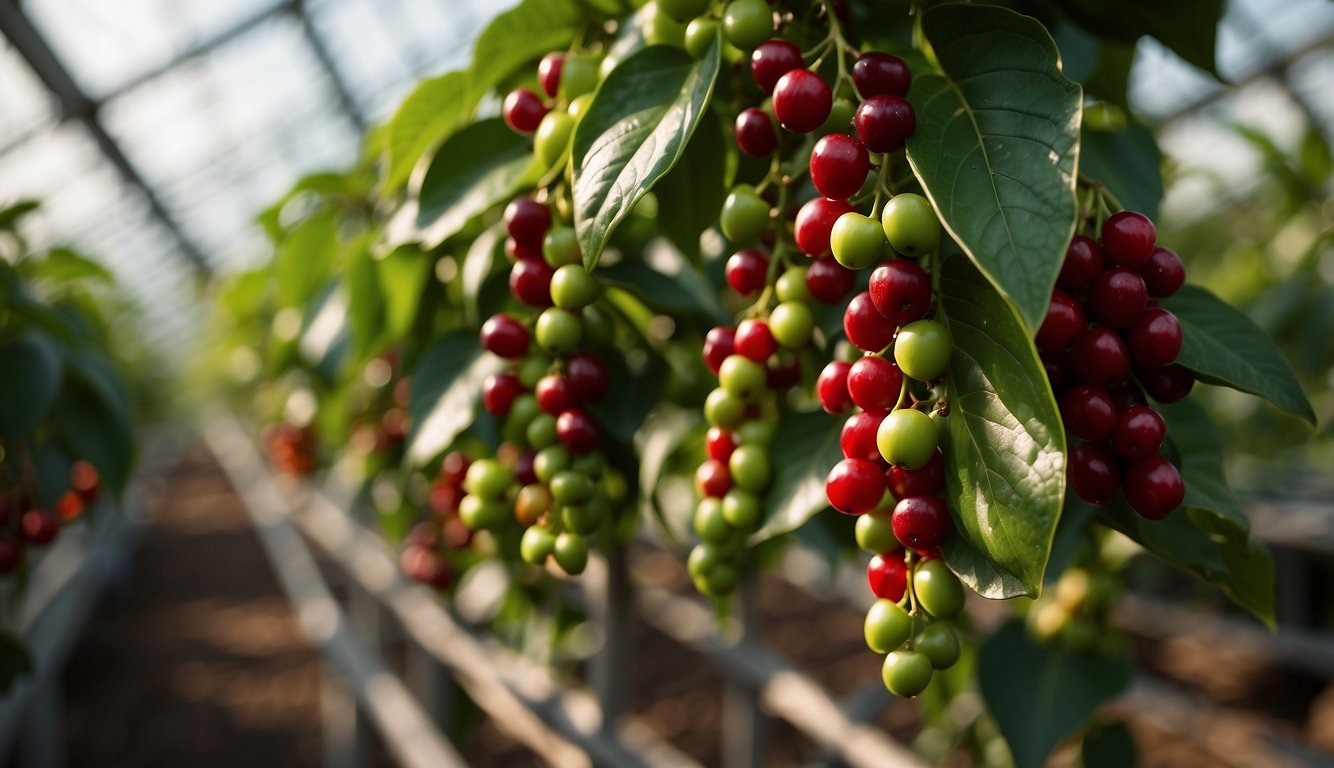 Coffee plants thrive in a spacious greenhouse, bathed in warm sunlight. Lush green leaves and ripe red coffee cherries adorn the plants, while workers carefully tend to them